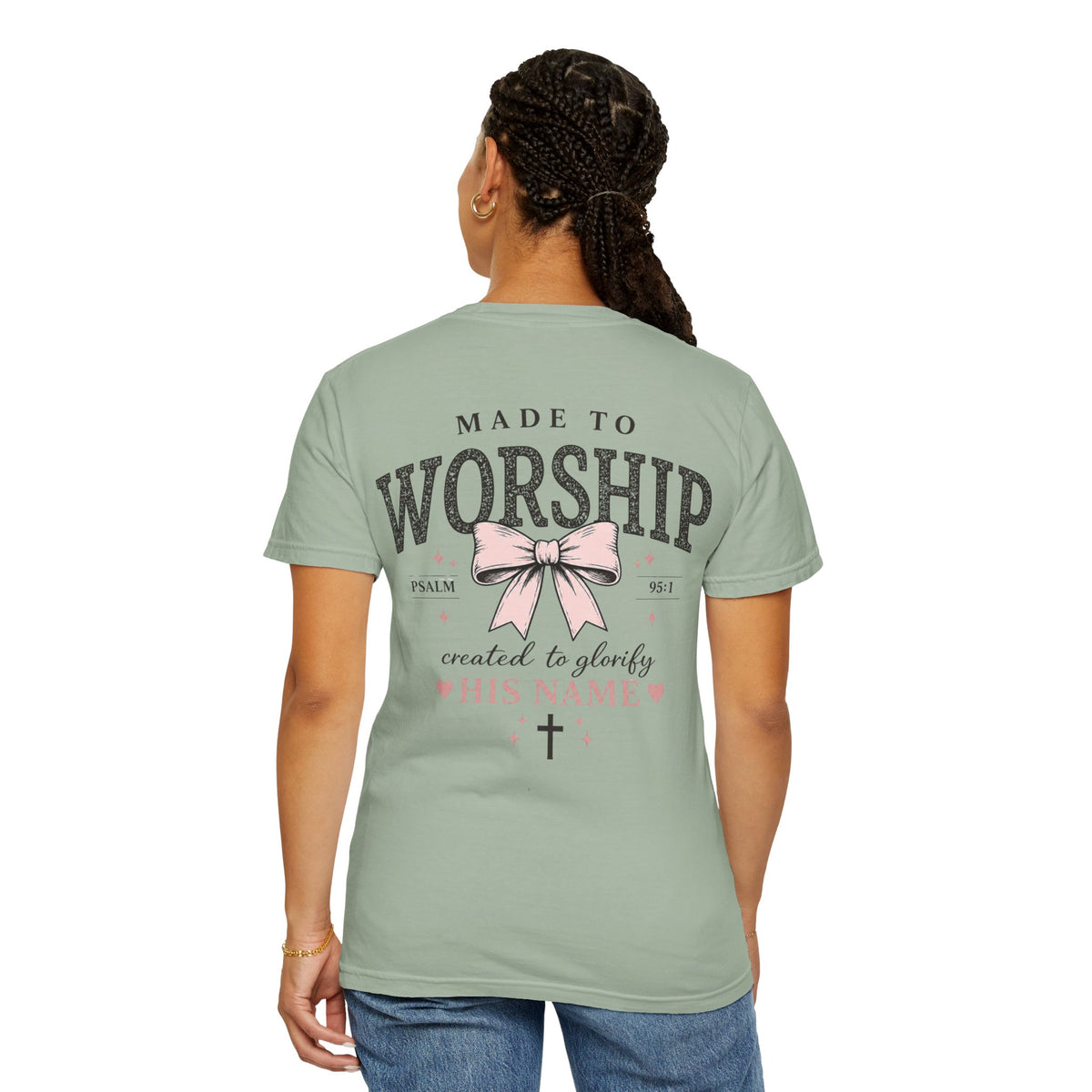 Made to Worship | Psalm 95:1 | Christian Bow T-Shirt | Vintage Faith Graphic Tee for Women