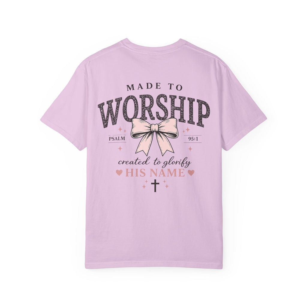Made to Worship | Psalm 95:1 | Christian Bow T-Shirt | Vintage Faith Graphic Tee for Women