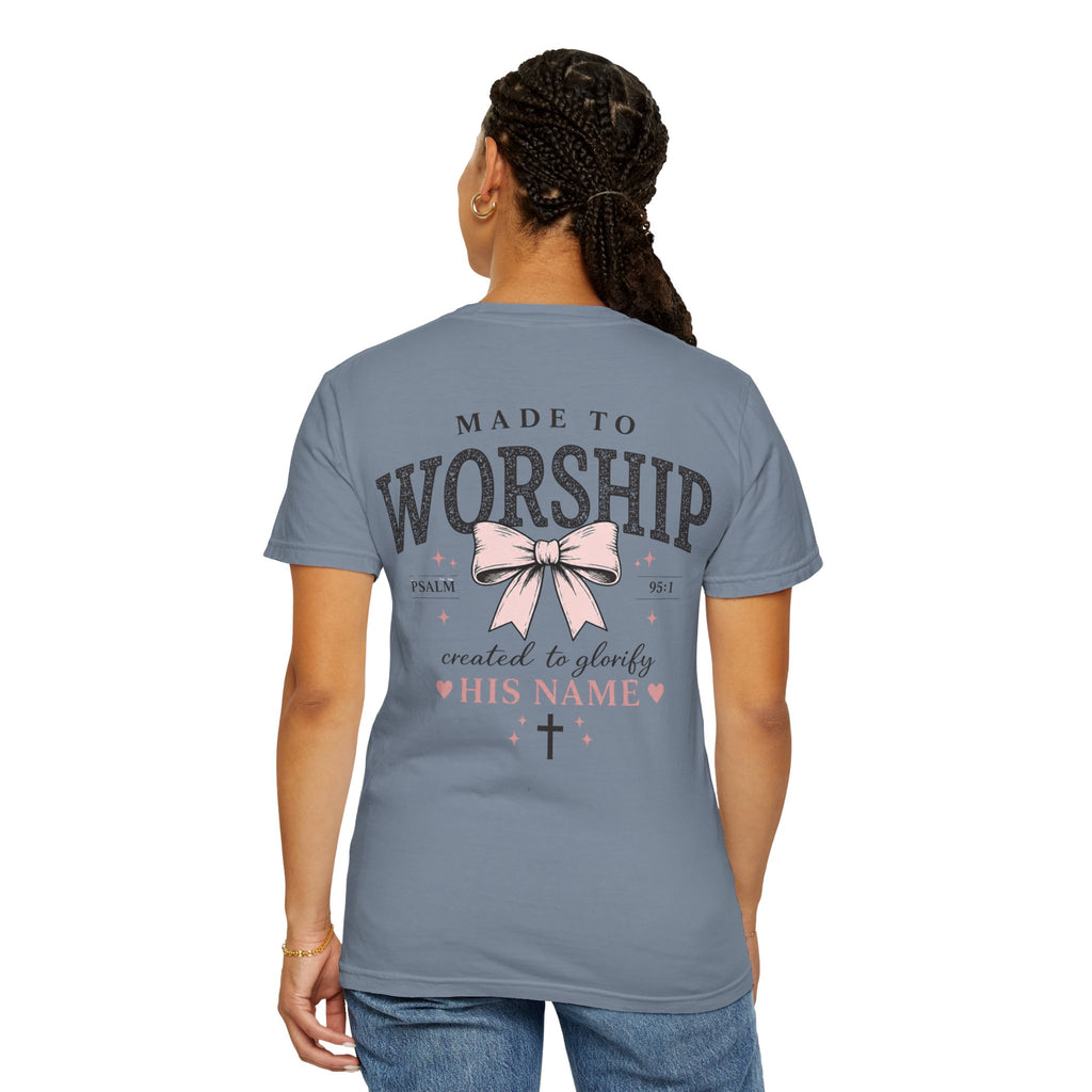 Made to Worship | Psalm 95:1 | Christian Bow T-Shirt | Vintage Faith Graphic Tee for Women